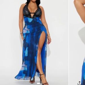 Blue Halter Lace-Trim Maxi Dress with High Slit